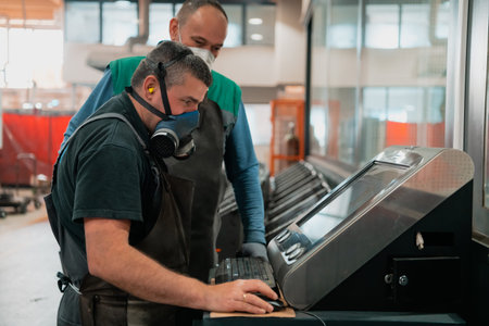two workers wearing a face mask due to a coronavirus pandemic are programming a modern cnc machine