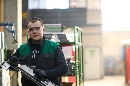 a uniformed worker working in a modern metal production and processing factory assembles parts of a...