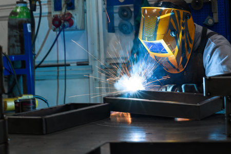 Professional welder performs work with metal parts in factory, sparks and electricity. Industry...