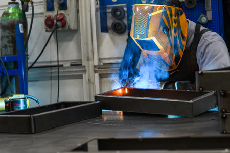Professional welder performs work with metal parts in factory, sparks and electricity. Industry...