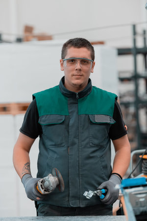 Heavy Industry Engineering Factory Interior with Industrial Worker Using Angle Grinder and Cutting a...