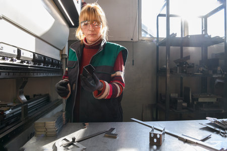 woman working in a modern factory and preparing materia for a CNC machine.