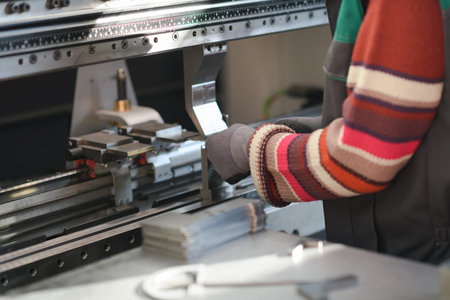close up woman hand working in a modern factory and preparing materia for a CNC machine.の写真素材