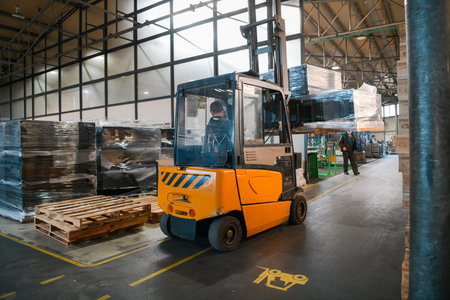 Forklift loader in storage warehouse ship yard. Distribution products. Delivery. Logistics....