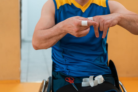a disabled basketball player puts on a corset and bandages on his arms and fingers in preparation...