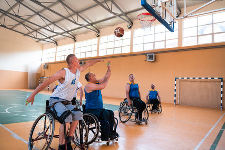 a photo of basketball teams with disabilities with the selector in the big hall before the start of...