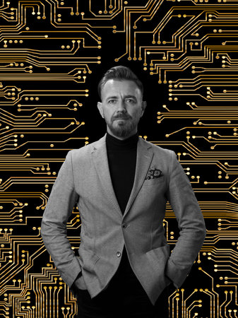 Black and white hero portrait of a elegant senior businessman with a beard and casual business...