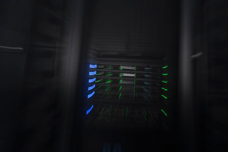server room or data center supercomputer technology equipment, abstract close up of a server rack...