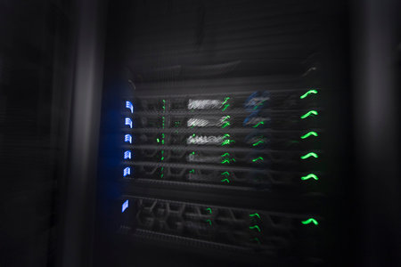 server room or data center supercomputer technology equipment, abstract close up of a server rack...