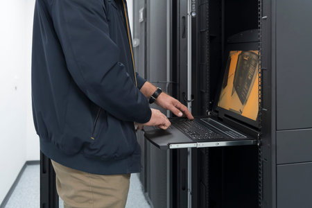 Close up on Data Center Engineer hands Using keyboard on a supercomputer Server Room Specialist...