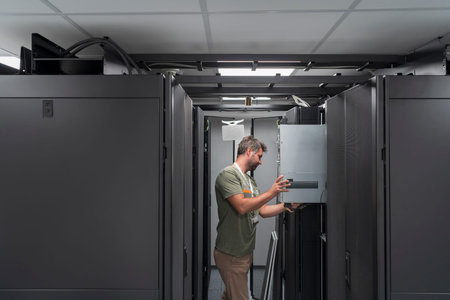 IT engineer working In the server room or data center The technician puts in a rack a new server of...