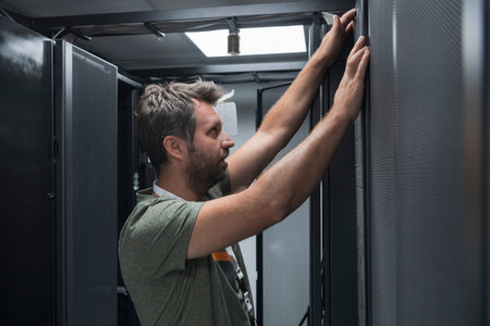 IT engineer working In the server room or data center The technician puts in a rack a new server of...