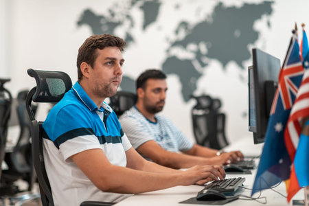 Group of Casual business man working on desktop computer in modern open plan startup office...