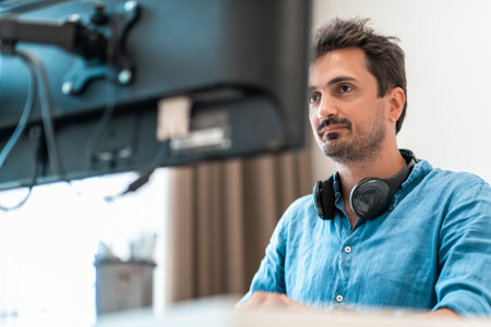 Casual man working on desktop computer in modern open plan startup office interior. Selective focus
