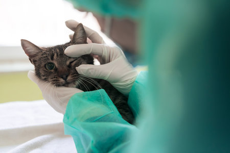 Veterinary clinic. Female doctor portrait at the animal hospital holding cute sick catの写真素材