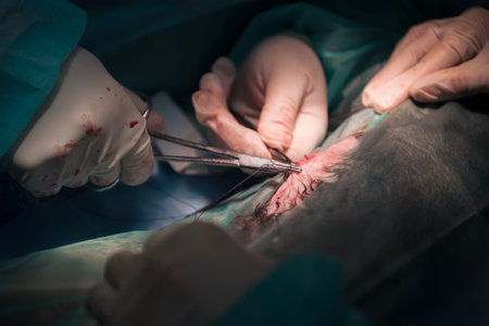 A surgeon and veterinarians team performing castration or sterilization operation on a cat in an...