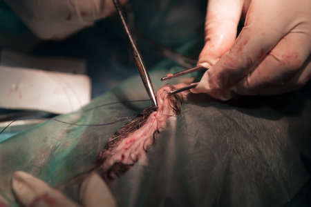 A surgeon and veterinarians team performing castration or sterilization operation on a cat in an...