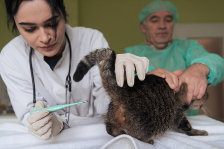 Veterinarian measuring the temperature of little kitten