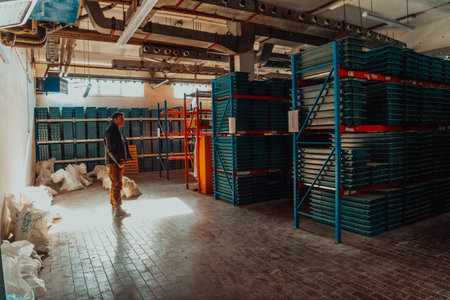 Gold mining storage rock core samples geology drilling industy. Large ore warehouse in modern...