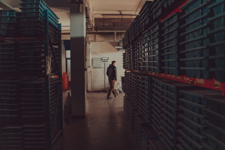 Gold mining storage rock core samples geology drilling industy. Large ore warehouse in modern industry, ores stacked in boxes. Selective focusの写真素材