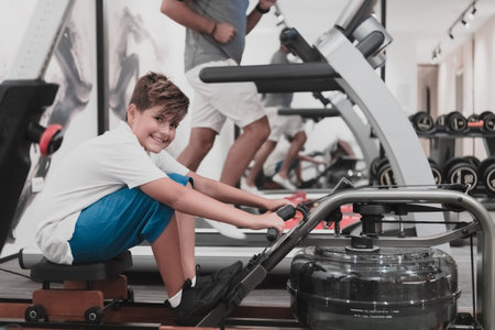 Father and son train together at home gym. The concept of healthy life. Selective focus