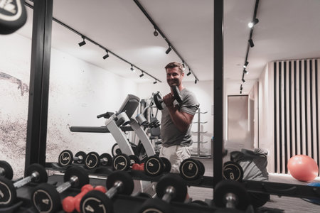 Struggling with age. Confident senior man exercising with dumbbells in health club. Selective focusの写真素材