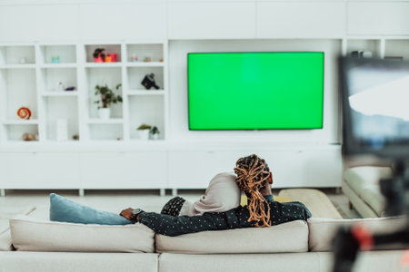African Couple Sitting On Sofa Watching TV Together Chroma Green Screen Woman Wearing Islamic Hijab Clothesの写真素材