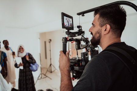 A videographer in a home studio captures a group of modern students with a professional camera.の写真素材