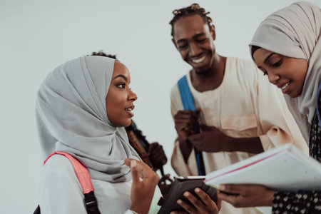 Group of happy african students having conversation and team meeting working together on homework girls wearing traidiional sudan muslim hijab fashionの写真素材