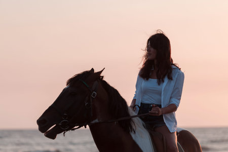 Woman in summer clothes enjoys riding a horse on a beautiful sandy beach at sunset. Selective focusの写真素材
