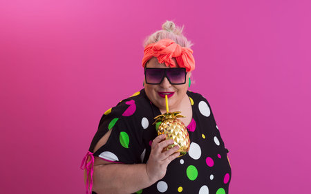 Overweight plus size female, fat women, Fat girl, Chubby, holding golden fruit ananas isolated on...