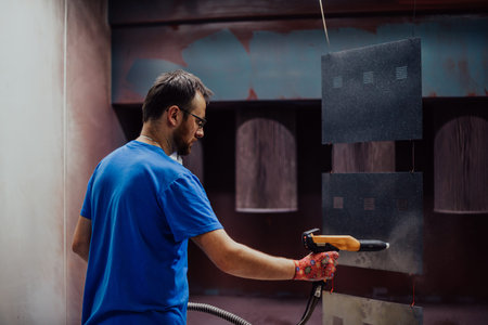 The painter paints the iron element. Industrial painting parts. Metal designs
