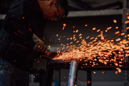 Heavy Industry Engineering Factory Interior with Industrial Worker Using Angle Grinder and Cutting a Metal Tube. Contractor in Safety Uniform and Hard Hat Manufacturing Metal Structures.の写真素材