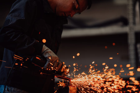 Heavy Industry Engineering Factory Interior with Industrial Worker Using Angle Grinder and Cutting a...