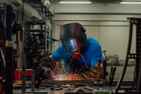 Professional Heavy Industry Welder Working Inside factory, Wears Helmet and Starts Welding....