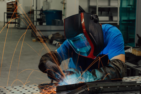 Professional Heavy Industry Welder Working Inside factory, Wears Helmet and Starts Welding....