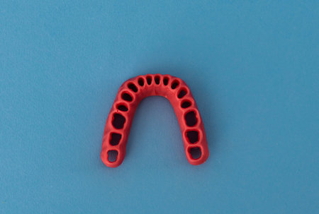 human gums without teeth model medical implant isolated on blue background. Healthy teeth, dental...