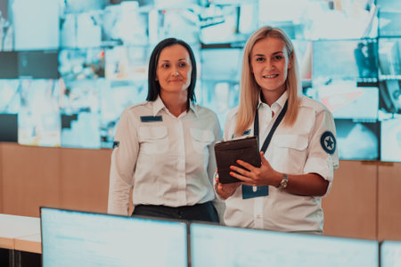 group portrait of female security operator while working in a data system control room offices Technical Operator Working at workstation with multiple displays, security guard working on multiple monの写真素材