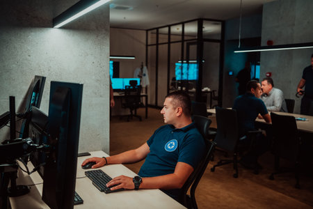 Male security operator working in a data system control room offices Technical Operator Working at...