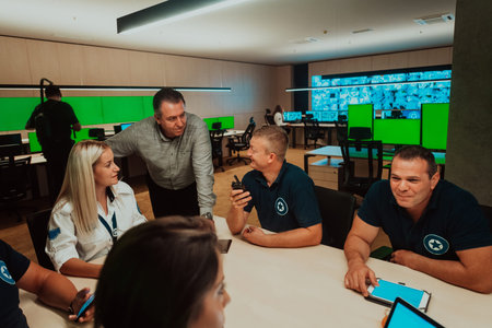 Group of security guards sitting and having briefing In the system control room Theyre working in...