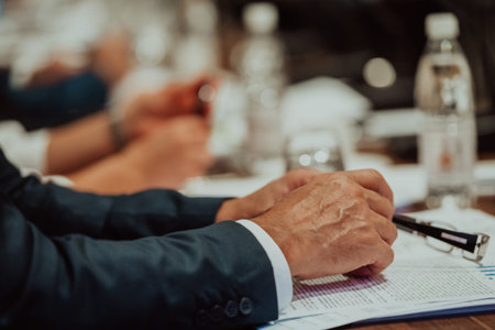 Close-up photo of businessmen who are at a meeting and business meeting in a modern hall
