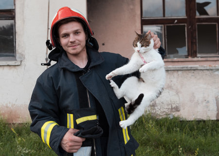 Close-up portrait of heroic fireman in protective suit and red helmet holds saved cat in his arms....