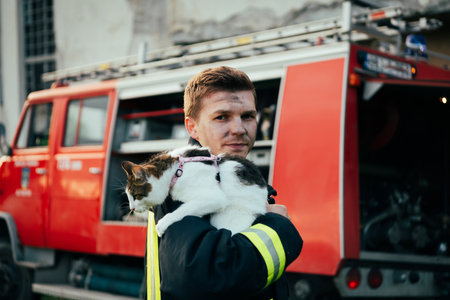 Close-up portrait of heroic fireman in protective suit and red helmet holds saved cat in his arms. Firefighter in fire fighting operation.の写真素材