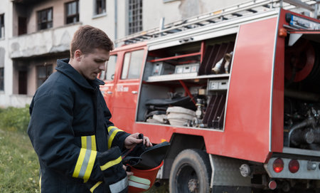 depressed and tired firefighter near fire truck.の写真素材