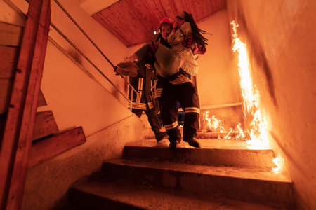 Brave Fireman Descends Stairs of a Burning Building and Holds Saved Girl in His Arms. Open fire and one Firefighter in the Background.の写真素材