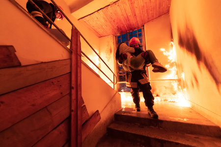 Brave Fireman Descends Stairs of a Burning Building and Holds Saved Girl in His Arms. Open fire and one Firefighter in the Background.の写真素材