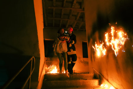 Brave Fireman Descends Stairs of a Burning Building and Holds Saved Girl in His Arms. Open fire and...