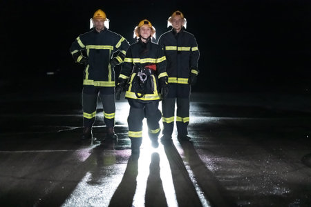 Portrait of a group of firefighters standing and walking brave and optimistic with a female as team...