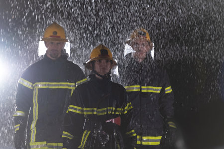 Portrait of a group of firefighters standing and walking brave and optimistic with a female as team...