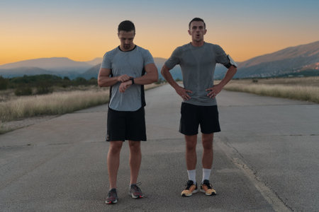 Sport couple looking at a smartwatch while standing on the country road. Resting after jogging and running exercise and checking heart rate and pulse.の写真素材